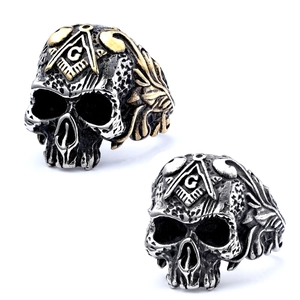 Retro Skull Ring Stainless Steel Masonic Symbol G Square Compass Carved Biker Punk Gothic Jewelry For Men