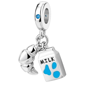 Silver bead charm with blue gemstone, croissant, and milk carton pendant for DIY bracelet
