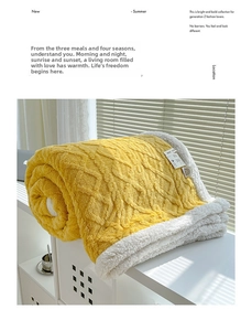 Detail of yellow and beige thick fleece blanket with textured diamond pattern
