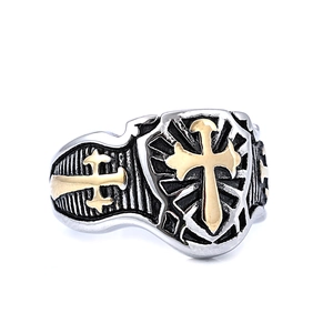 Gothic vintage stainless steel ring for men with gold cross on silver shield shield band