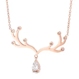 Collier Pendentif Bois De Cerf Goutte D'eau Acier Titane Inoxydable Avec Zircone Pour Femme Bijou Élégant Cadeau
