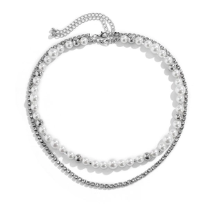 Double-layered necklace with white pearls and silver rhinestone chain for men and women