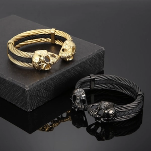 Men's gothic skull head braided wire rope bracelets in gold and black stainless steel