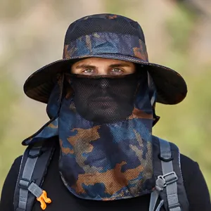 Men's camouflage fishing hat with sun protection face cover and wide neck flap