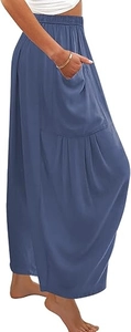 Détail du sarouel en lin bleu brume avec taille élastique plissée et poches latérales