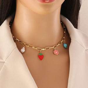 Stainless Steel Jewelry Necklace Bracelet Earrings With Strawberry Flower Butterfly Pendants Cute Sweet Gold For Women