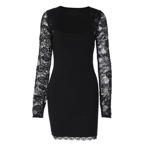 Detail of square neckline and floral lace sleeves on a black bodycon dress