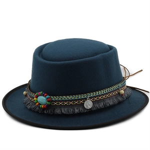 Navy blue wool felt fedora with ethnic woven band, turquoise beads and metal coin