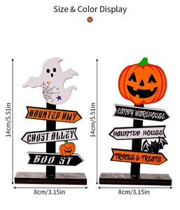 Wooden Halloween ghost and pumpkin tabletop signs with spider web and bat details