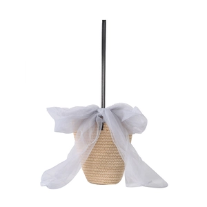 Chic woven straw bucket bag with large grey mesh bow and slim black leather strap
