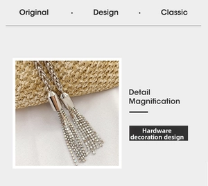 Detail magnification of silver tassel hardware with sparkling rhinestones on straw bag