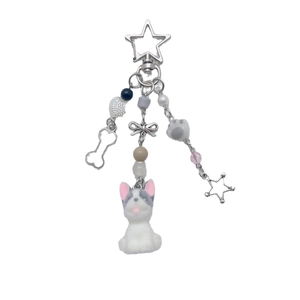 Cute flocked puppy keychain with star clip, bone pendant, and cartoon beads accessory