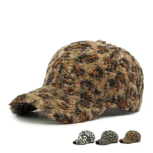 Women Leopard Print Faux Teddy Fleece Baseball Cap Structured Warm Winter Plush Adjustable Sun Visor Hat