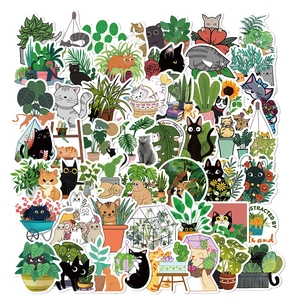 50pcs waterproof cat and plant stickers for laptop and DIY bottle decoration
