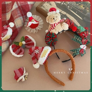 Christmas bear and reindeer antler headband set with festive bows and hair clips