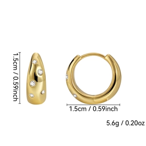 Minimalist gold round hoop earrings with sparkling Czech crystals, 1.5cm diameter design