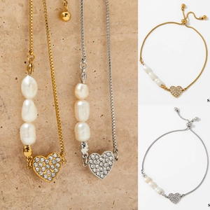 Stainless Steel Heart Pendant Bracelet With Artificial Pearl And Zircon Adjustable Jewelry For Women