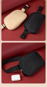 Detail of adjustable nylon running waist bags in black and beige on red background