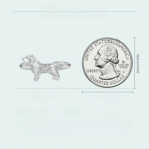 Detailed size comparison of S925 sterling silver golden retriever dog ring with a coin