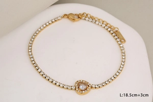 Detail of gold heart tennis bracelet with white zircon and S.Steel tag, 18.5+3cm length