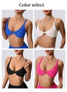 Detail of ribbed sports bras with twist-front design in four available color options