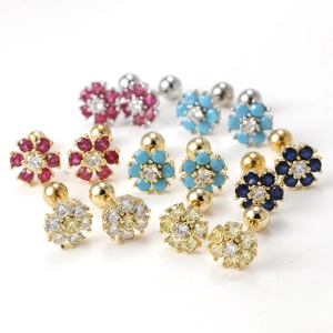 Floral S925 silver earrings with colorful zircon crystals and secure screw ball backs