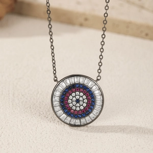 Retro S925 sterling silver evil eye necklace with colorful crystals on black chain