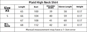Detailed size chart for long sleeve plaid turtleneck shirt with measurement guidelines