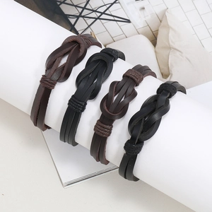 Men's retro braided leather bracelets in black and dark brown with adjustable knots
