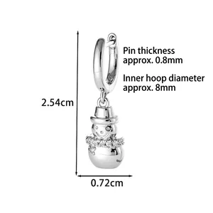 Sterling silver snowman drop earrings with sparkling crystals and size measurements