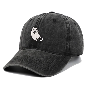 Vintage washed charcoal cotton baseball cap featuring a white cat embroidery patch