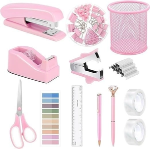 Set de papeterie rose 13 pièces incluant agrafeuse, ciseaux et organiseurs de bureau