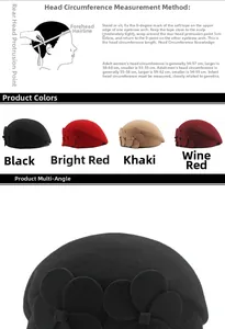 Detail view of four-color wool berets and sizing guide for 53-62cm head circumference