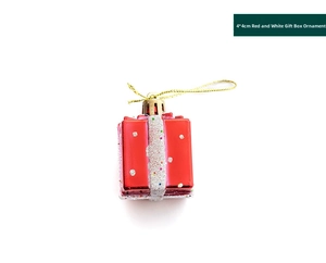 Detailed view of a 4x4cm red and white glittery gift box Christmas tree ornament