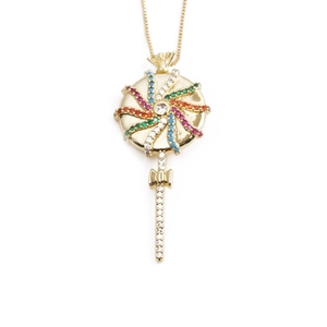 Gold lollipop necklace pendant with colorful gemstones on a delicate gold chain
