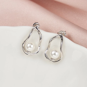 Elegant S925 sterling silver drop earrings with white round pearls and artistic waterdrop shape