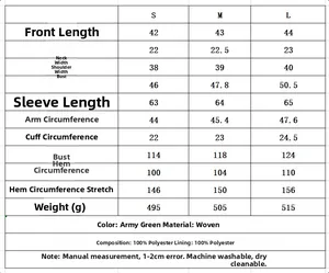 Detailed size chart for army green faux suede cropped jacket with pleats and lapel