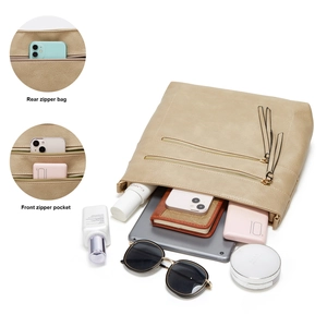 Detail view of khaki tote bag showing large capacity with tablet and zipper pockets