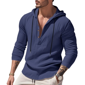Detail of dark blue linen hoodie for men with button neckline and long sleeves