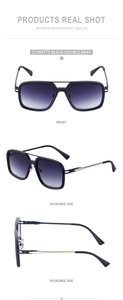 Three perspectives of matte black square sunglasses with double bridge and gold accents