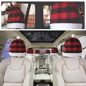 Housse d'Appui-Tête de Voiture de Noël à Carreaux Buffalo Forme de Bonnet de Père Noël Rouge Noir Blanc pour Décoration