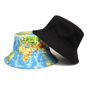Outdoor bucket hats featuring solid black and colorful world map print designs