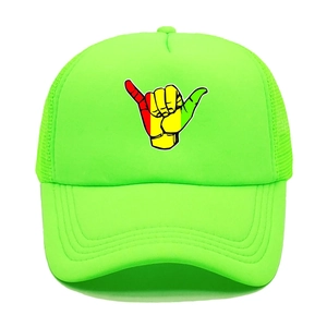 Macro detail of neon green trucker hat with Shaka gesture and breathable mesh back