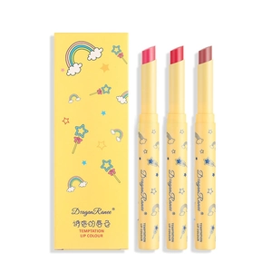 Three-piece matte velvet lipstick set with colorful cartoon packaging and yellow gift box