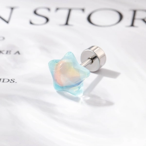 Star shaped screw back stud earring in iridescent blue and pink finish with silver post