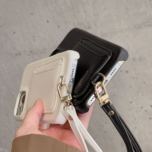 Litchi pattern leather phone case for iPhone with card slot and matching wrist strap