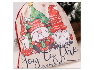 Detail of linen Christmas gift bag featuring cartoon gnomes and Joy to the World print