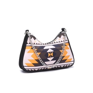 Detail of bohemian geometric print on shoulder bag with silver chain strap and zipper