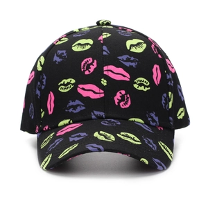 Black baseball cap for women with colorful lip prints in green pink and purple