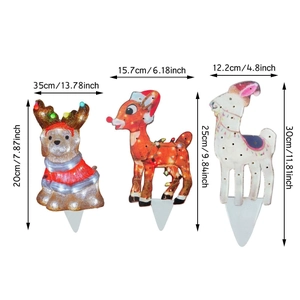 Detailed dimensions of three glowing reindeer Christmas garden stakes in cm and inches